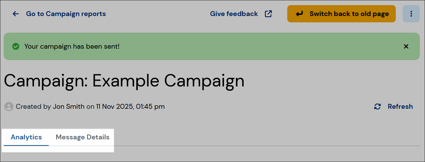 Analytics and Message Details tabs