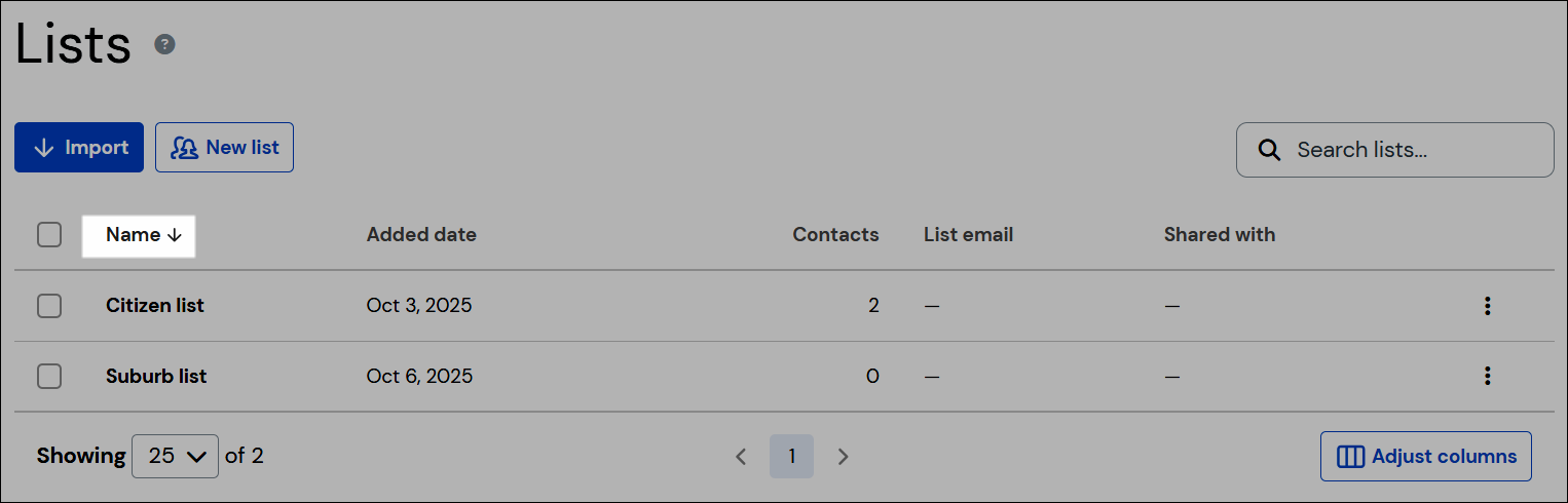 Sort lists by name screenshot