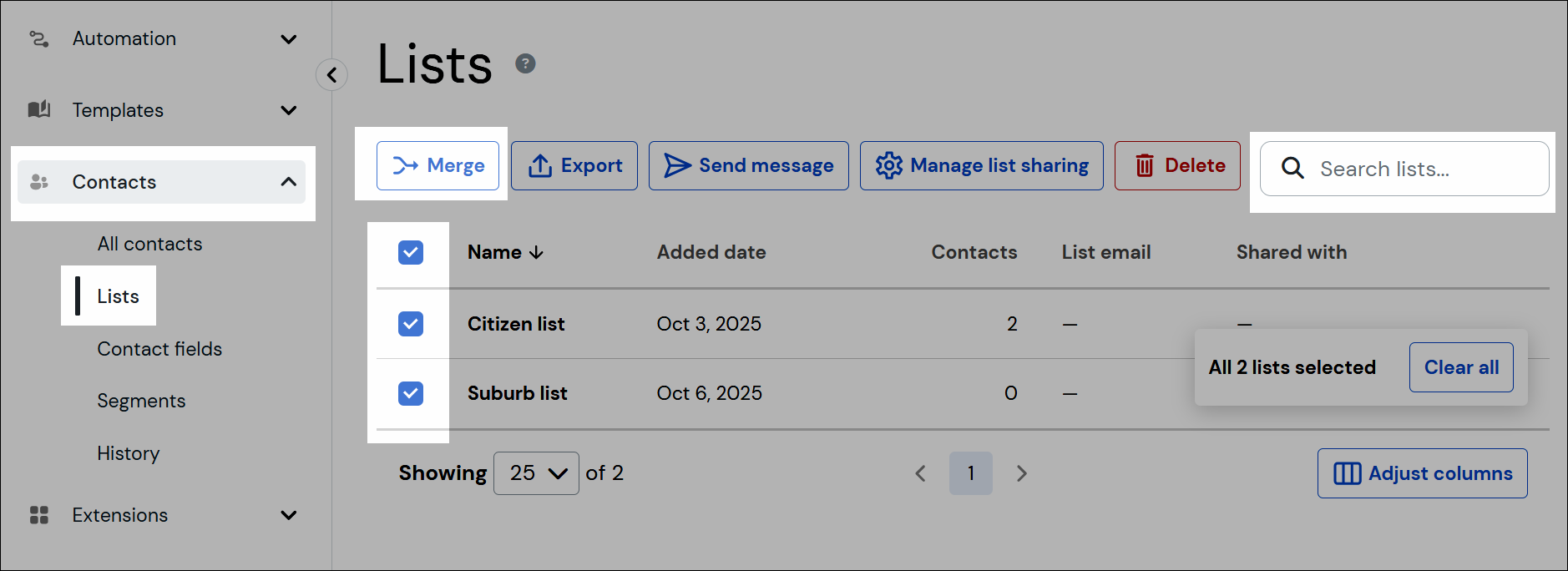 Merging contact lists navigation