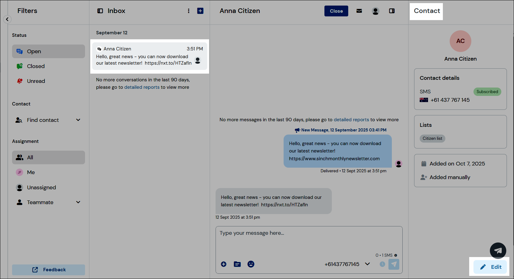 Inbox edit contact navigation
