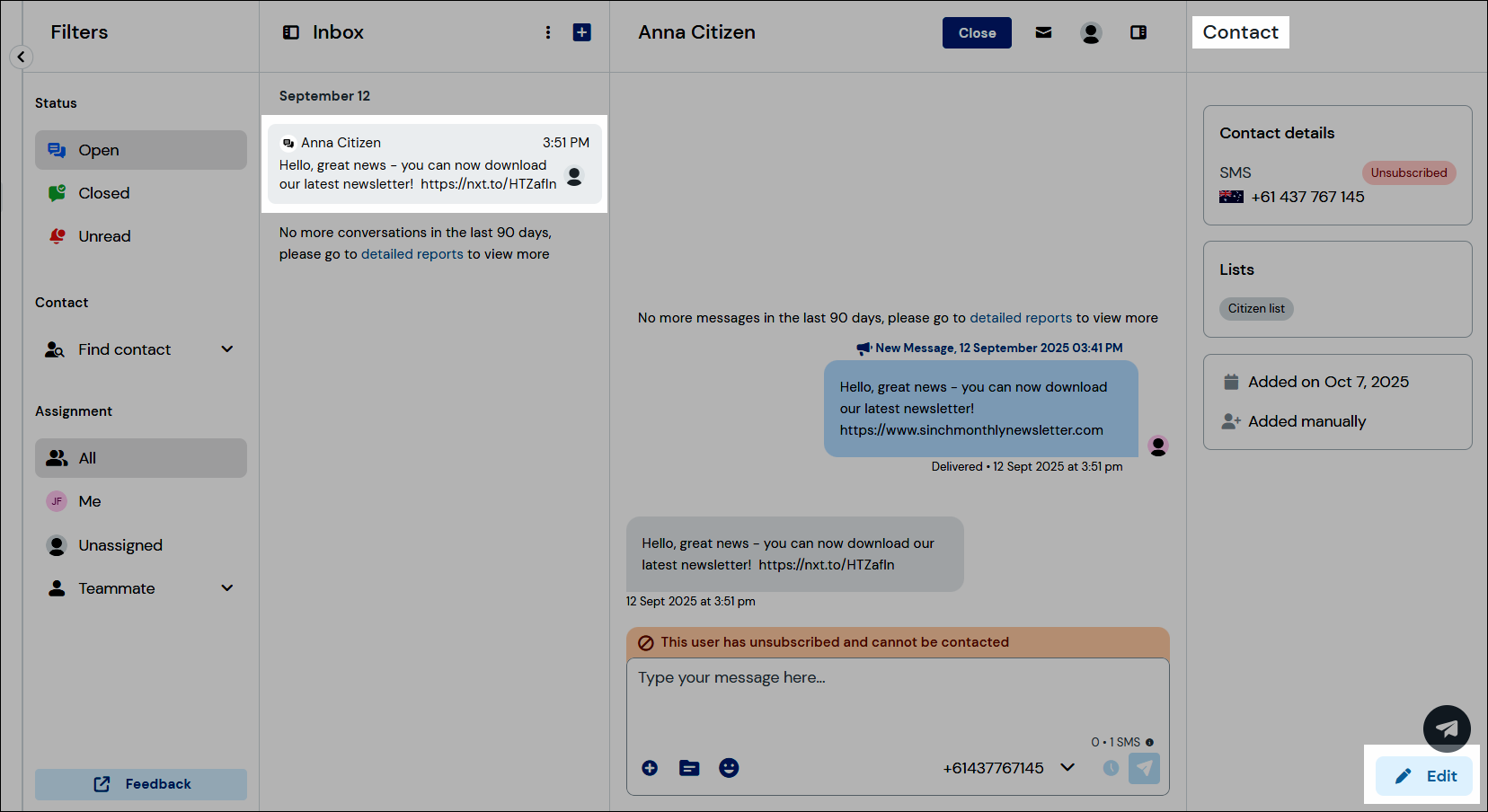Resubscribe inbox navigation