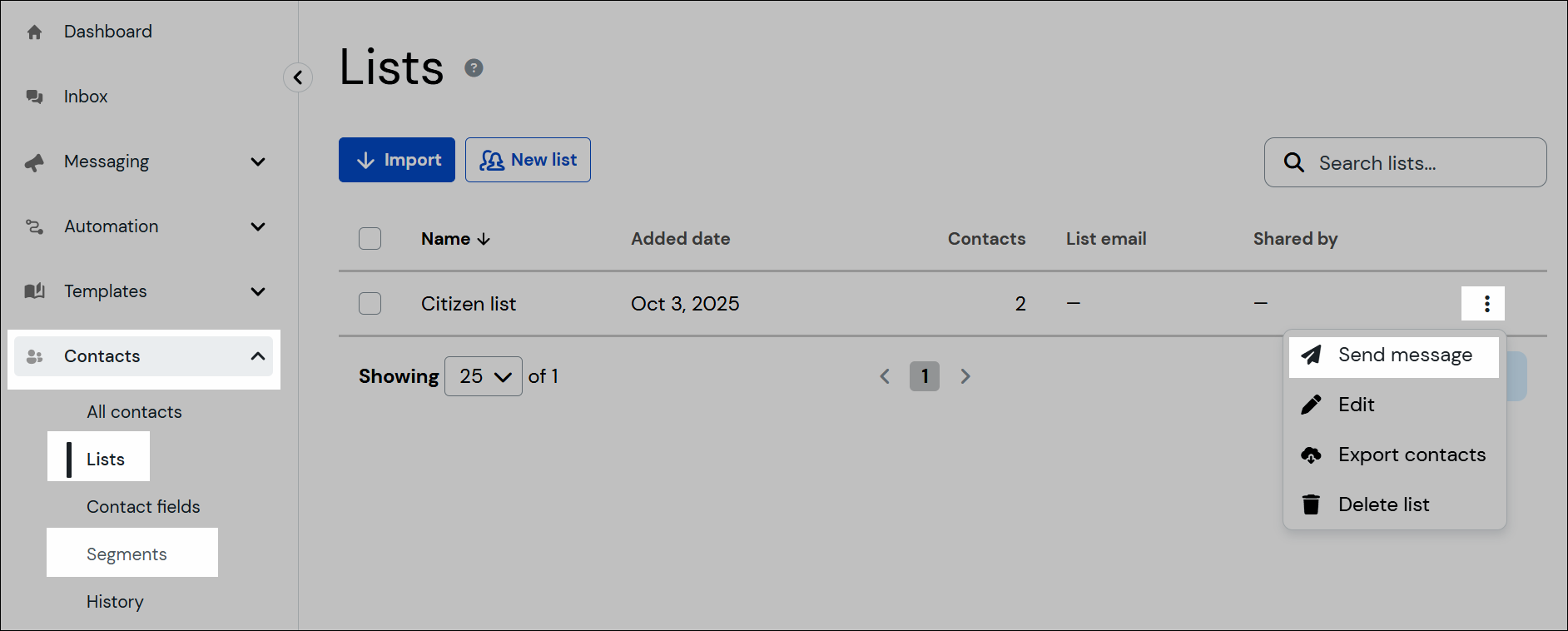 Screenshot of contact selection from list or segment navigation