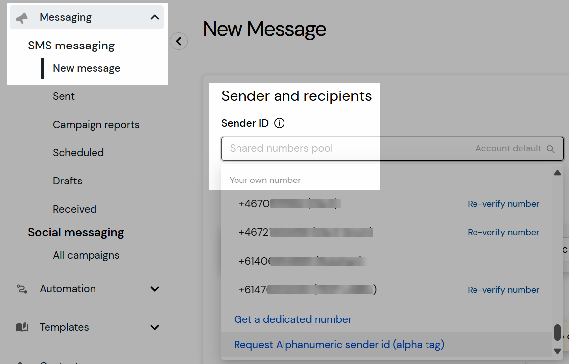Sender ID selection screenshot