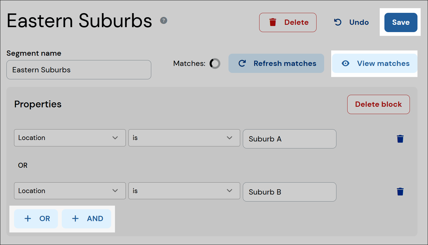 Adding properties and viewing matches buttons