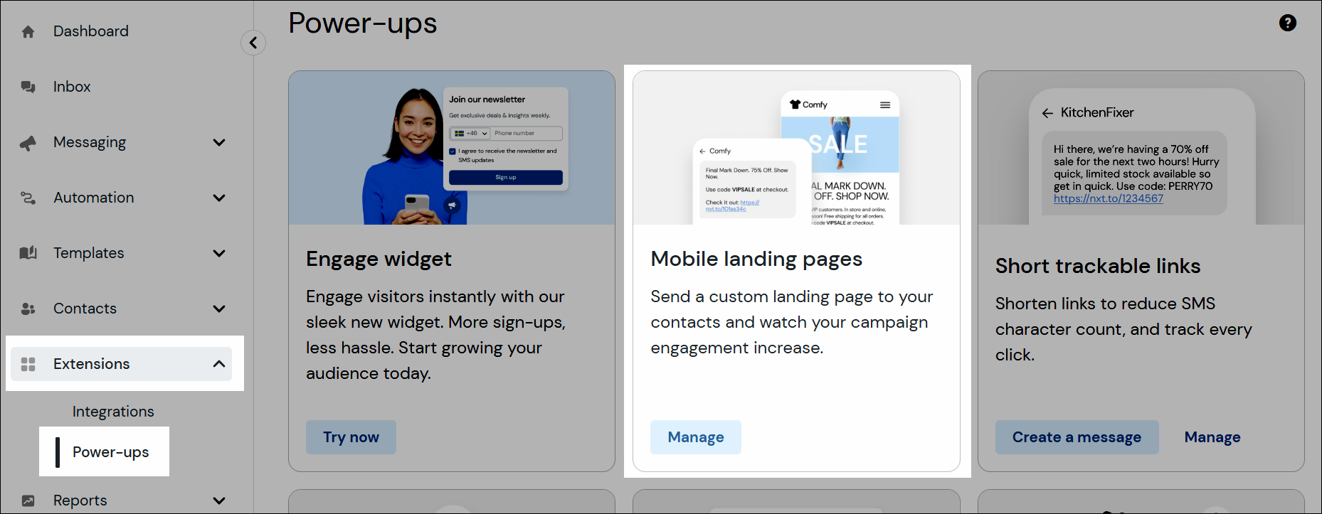 Mobile landing page management navigation screenshot.