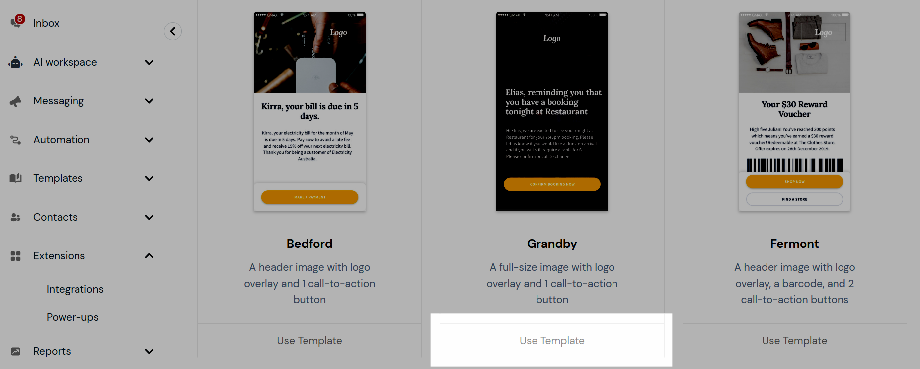 Mobile landing page template selection screenshot.