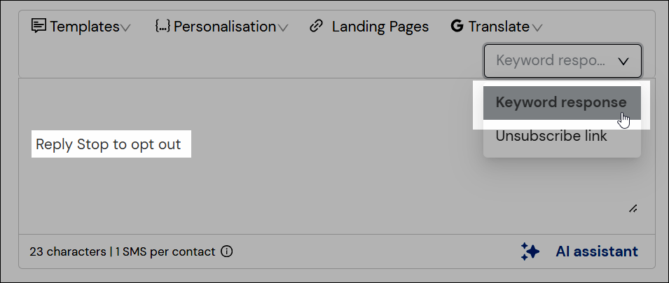 keyword response dropdown in message composer screenshot