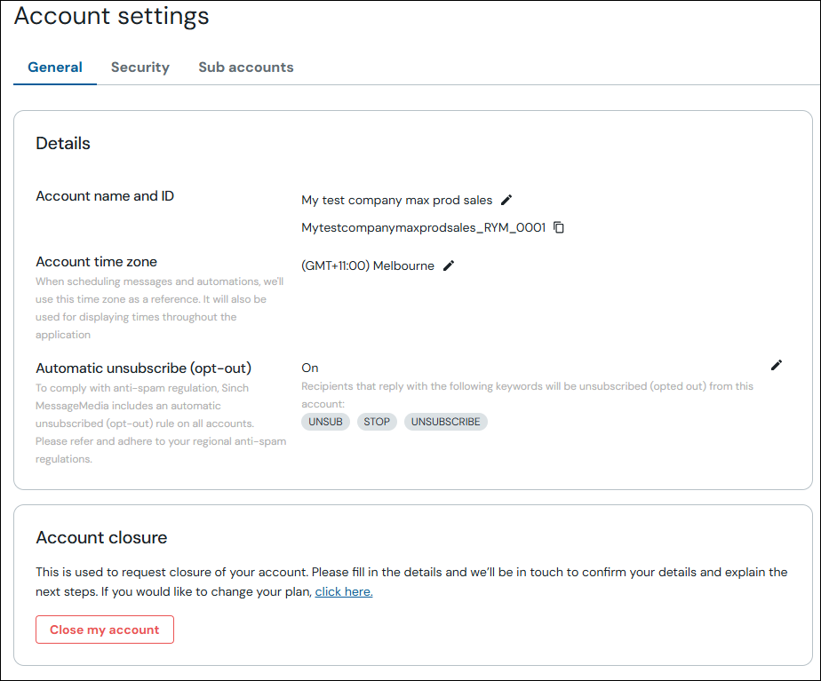 Account settings - general tab screenshot.