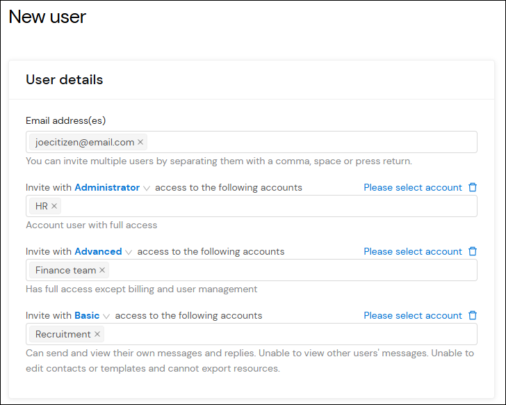New user permissions fields