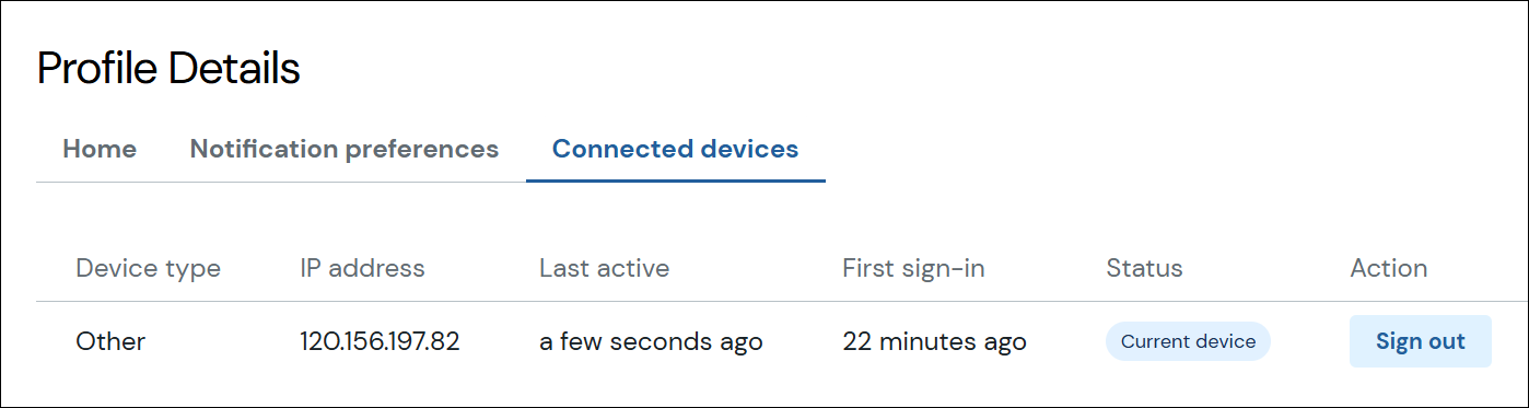 Connected devices tab screenshot.