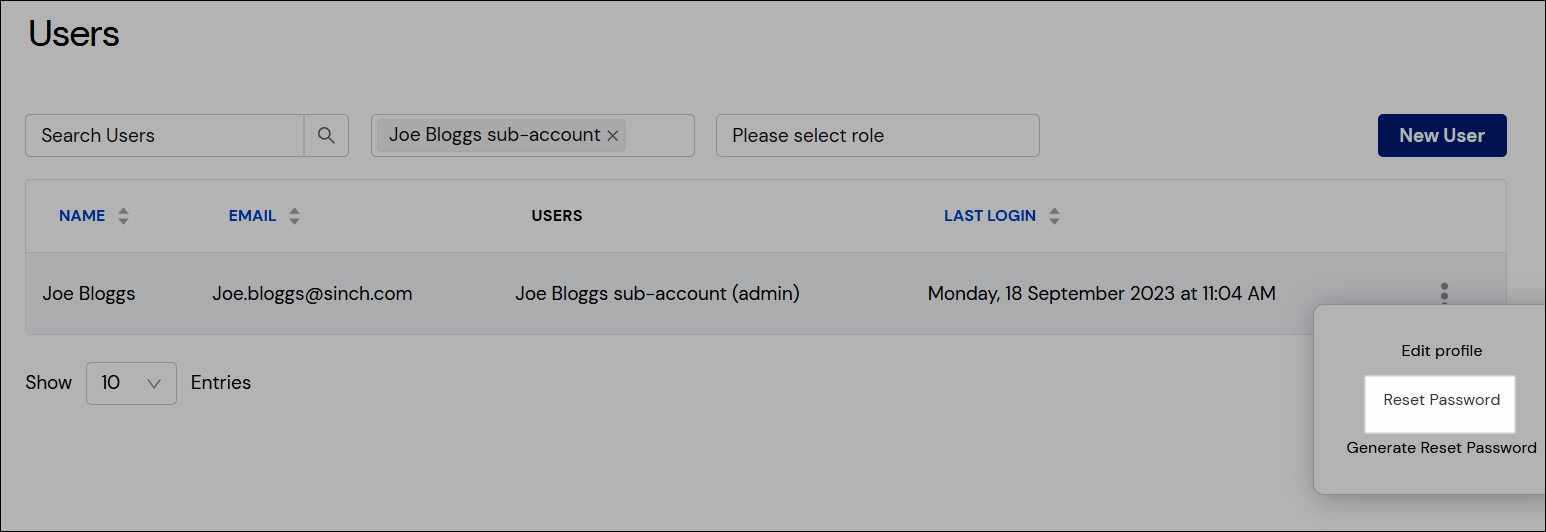 Screenshot showing the 'reset password' link