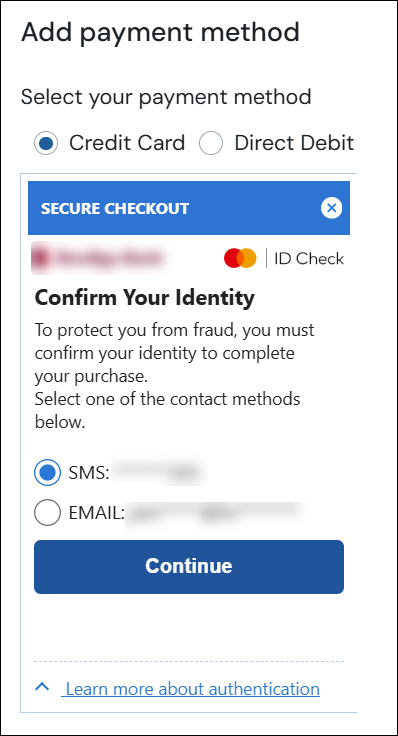 Card verification pop up screenshot