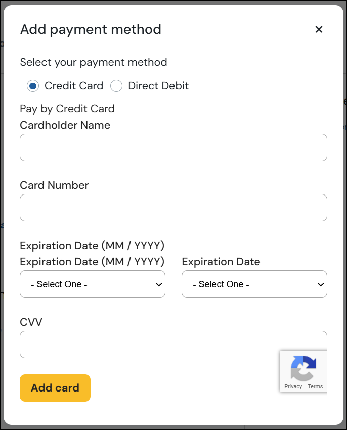 Add payment method pop up screenshot