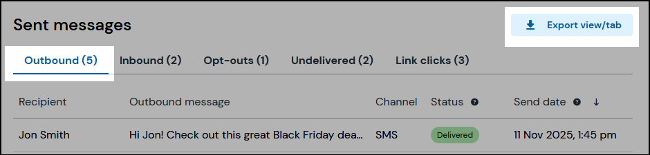 Outbound messages tab and export screenshot.