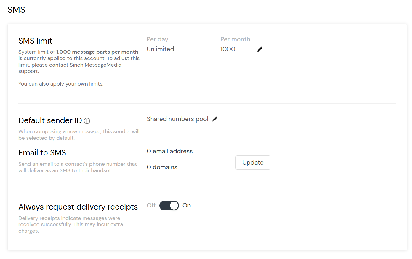 Numbers settings - SMS screenshot